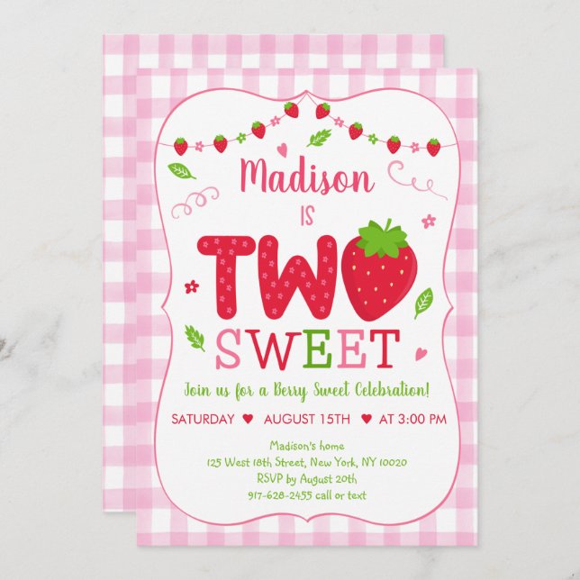 Two Sweet Strawberry Pink Green Birthday Invitation (Front/Back)