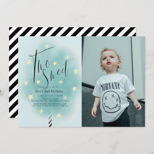 Two Sweet Teal Cotton Candy 2nd Birthday Photo Invitation (Front/Back)