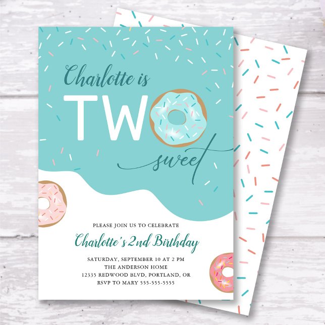 Two Sweet Teal Girls 2nd Birthday Invitation (Creator Uploaded)