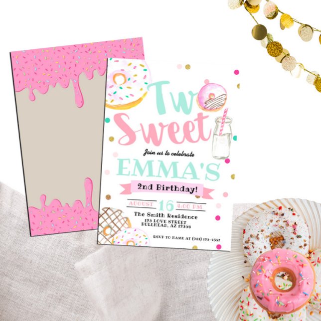 Two Sweet Watercolor Doughnut 2nd Birthday Invitation (Creator Uploaded)