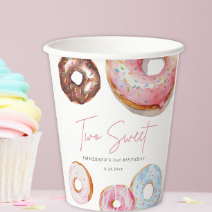 Two Sweet Watercolor Doughnut 2nd Birthday Paper Cups