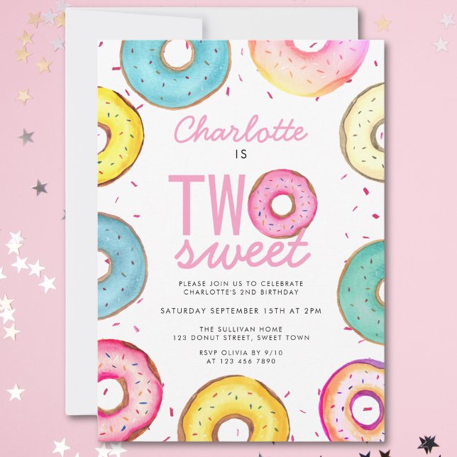 Two Sweet Watercolor Doughnuts 2nd Birthday Invitation (Creator Uploaded)