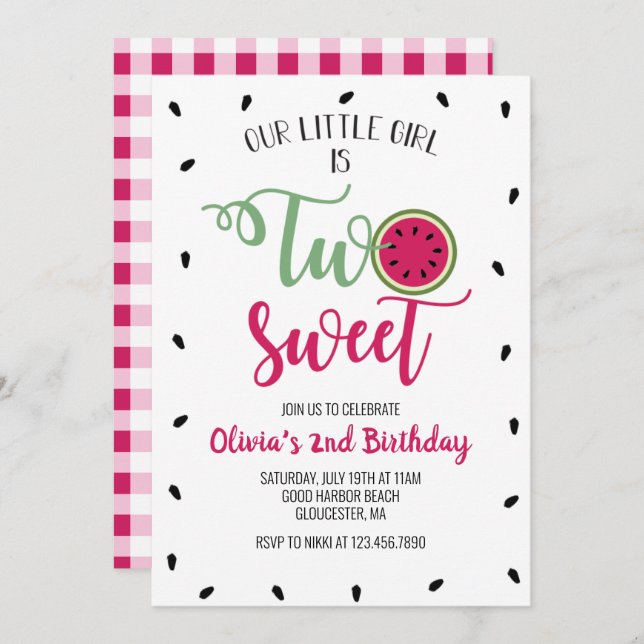 Two Sweet Watermelon 2nd Birthday Invitation (Front/Back)