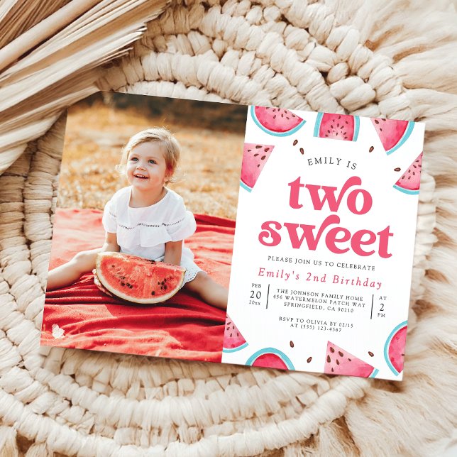 Two Sweet Watermelon Girl Photo 2nd Birthday Party Invitation (Creator Uploaded)