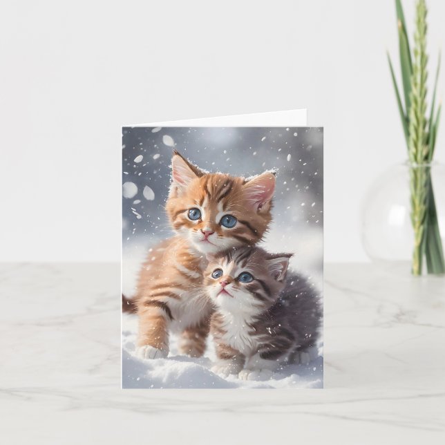 Two Tabby Kittens Playing in Snow Blank Greeting  Card (Front)