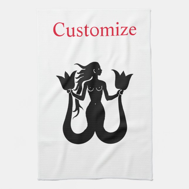  Two-Tail Mermaid Silhouette Thunder_Cove Tea Towel (Vertical)