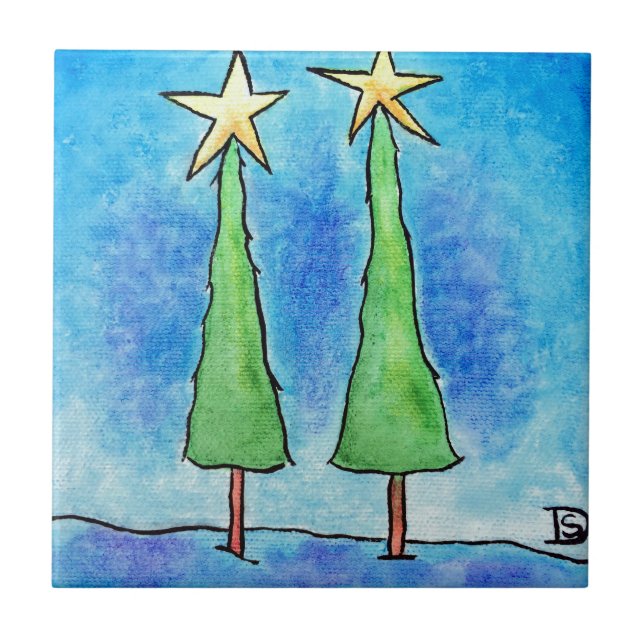 Two Tall Christmas Trees Ceramic Tile (Front)