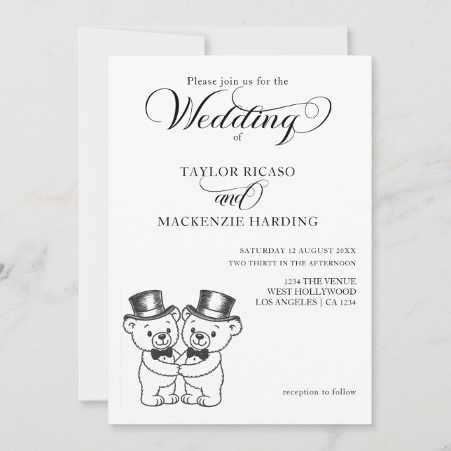 Two Teddy Bear Grooms in Top Hats Wedding Invitation (Front)