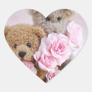 two teddy bears holding roses heart stickers
