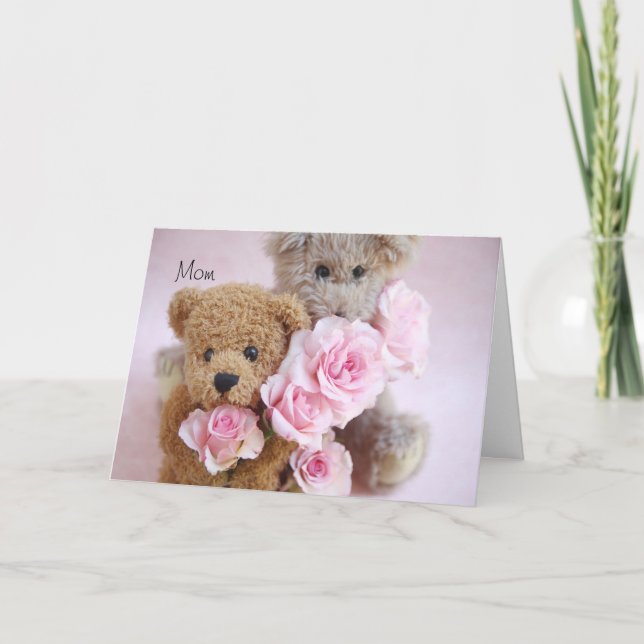 two teddy bears holding roses Mother's Day card (Front)