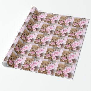 two teddy bears holding roses wrapping paper