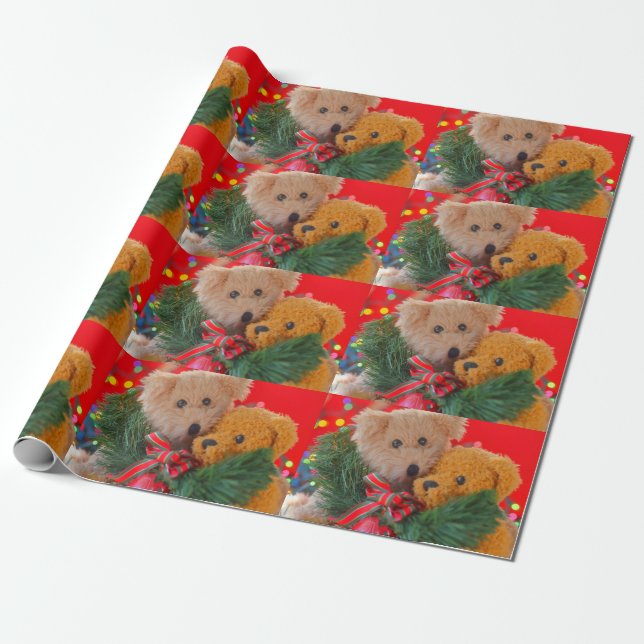 Two teddy bears with greenery and bow wrapping paper (Unrolled)