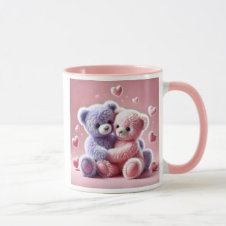 Two teddy cubs that hug each other. mug