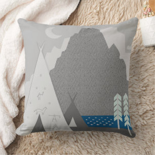 Two Teepees Three Pine Trees Mountain Moon Cushion