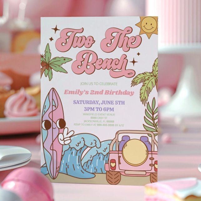 Two The Beach Groovy Surf Retro 2nd Birthday Party Invitation (Creator Uploaded)