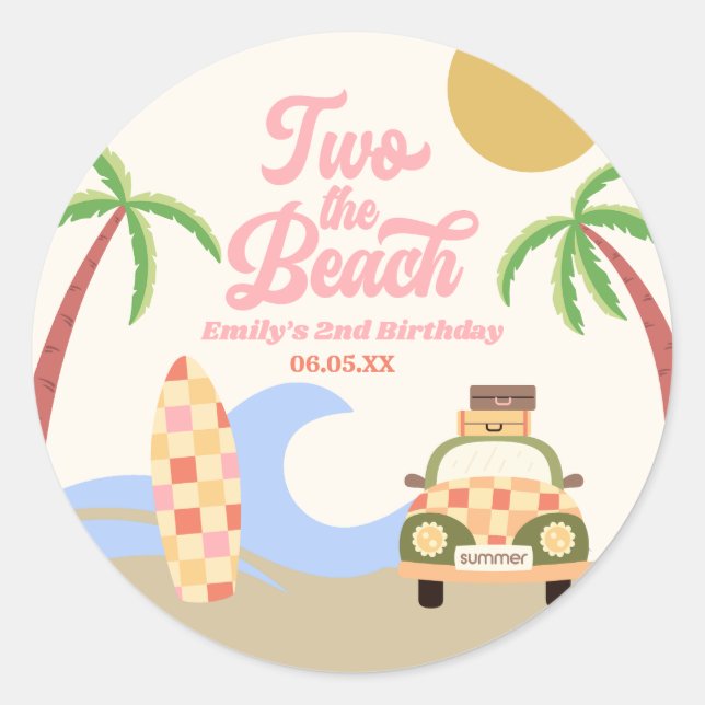 Two The Beach Surf Board Pink 2nd Birthday Party Classic Round Sticker (Front)
