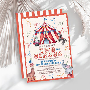 Two the Circus Carnival Tent Animals 2nd Birthday Invitation