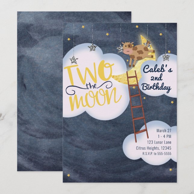 TWO THE MOON 2nd 2 Birthday Cow Nursery Rhyme Invitation (Front/Back)