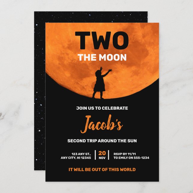 TWO the Moon 2nd birthday Aesthetic Space Theme  Invitation (Front/Back)