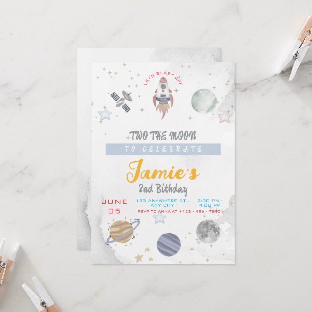 Two The Moon 2nd Birthday Celebration Invitation (Front/Back In Situ)