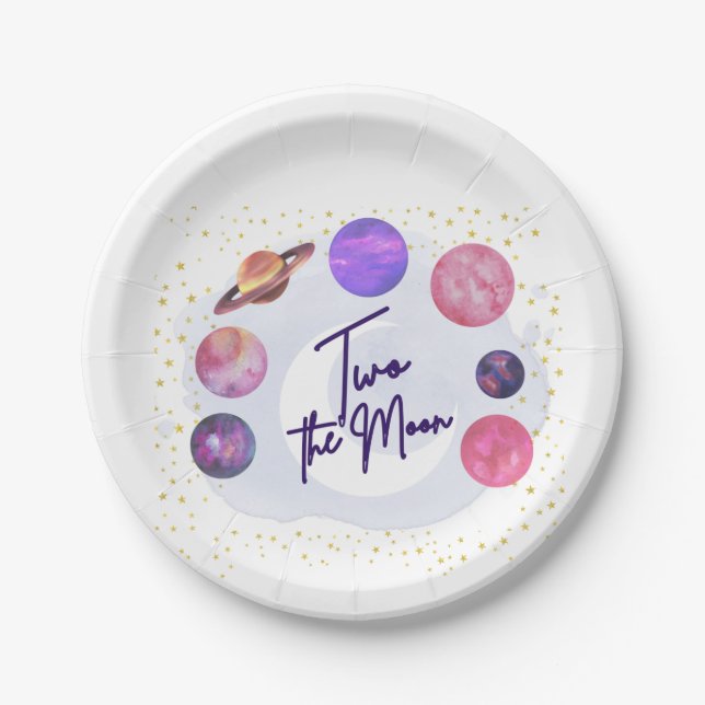 Two the Moon 2nd Birthday Editable Invitation Paper Plate (Front)