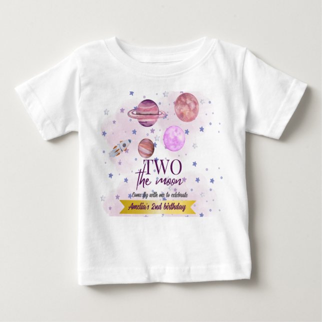 Two The Moon 2nd Birthday Girl Moon Stars Rocket  Baby T-Shirt (Front)
