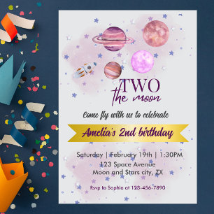 Two The Moon 2nd Birthday Girl Moon Stars Rocket Invitation