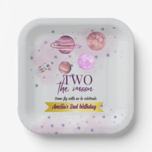 Two The Moon 2nd Birthday Girl Moon Stars Rocket Paper Plate