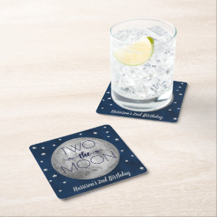 Two The Moon 2nd Birthday Party Square Paper Coaster