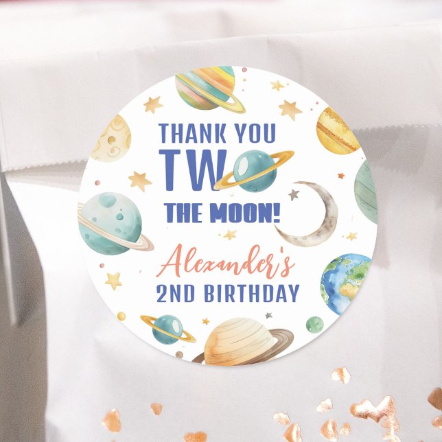 Two The Moon 2nd Birthday Space Galaxy Party Classic Round Sticker (Creator Uploaded)