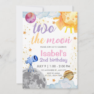 Two the Moon 2nd Birthday Space Theme Birthday Invitation