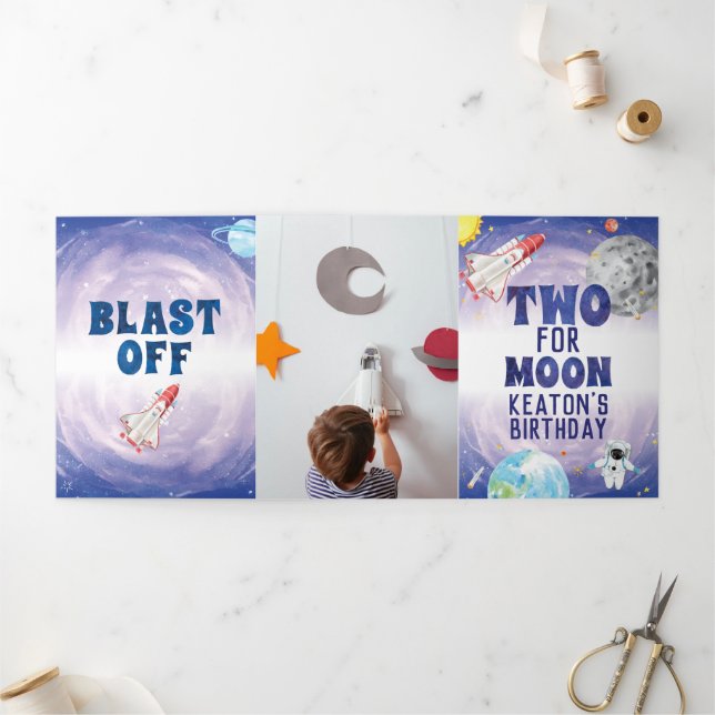 Two The Moon 2nd Birthday Trifold Fold Invitation (Outside)
