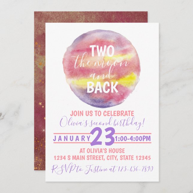 Two the Moon and Back Birthday Invitation (Front/Back)