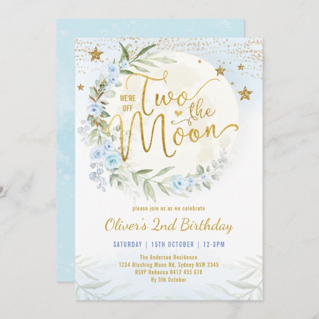 Two the Moon Blue Gold Floral 2nd Birthday Boy Invitation (Front/Back)