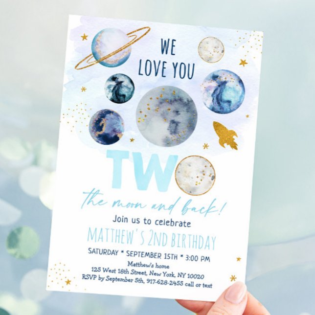 Two The Moon Blue Gold Space Birthday Invitation (Creator Uploaded)
