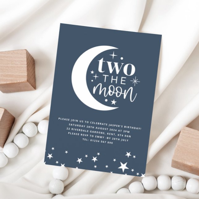 Two The Moon Blue Navy Birthday Invitation (Creator Uploaded)