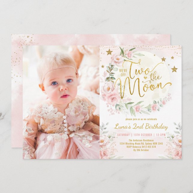 Two the Moon Blush Pink Flowers 2nd Birthday Girl Invitation (Front/Back)