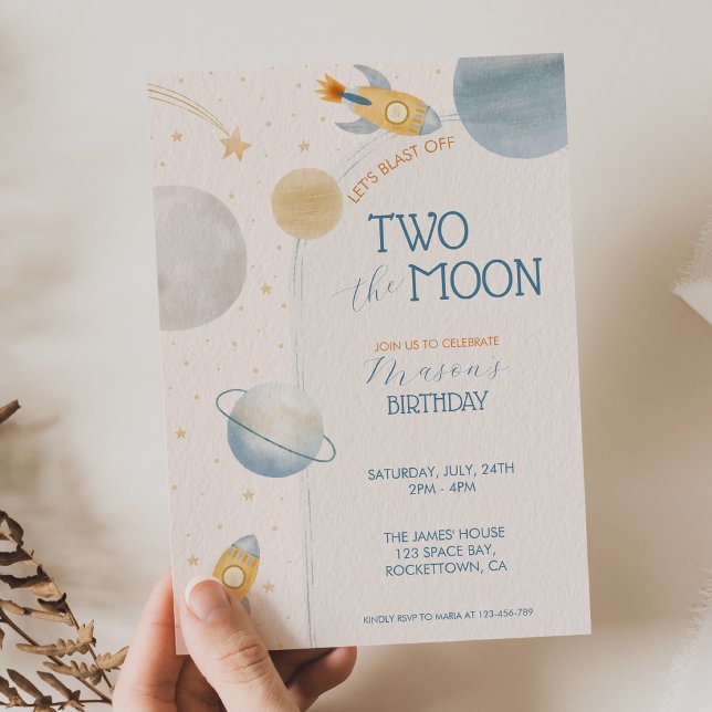 Two the Moon Boy Space Rocket 2nd Birthday Invitation (Creator Uploaded)