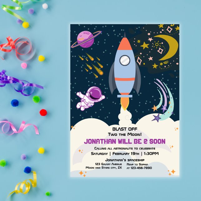 Two The Moon Boy Space Rocket 2nd Birthday  Invitation (Creator Uploaded)