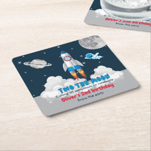 Two The Moon Boy Space Rocket 2nd Birthday Square Paper Coaster