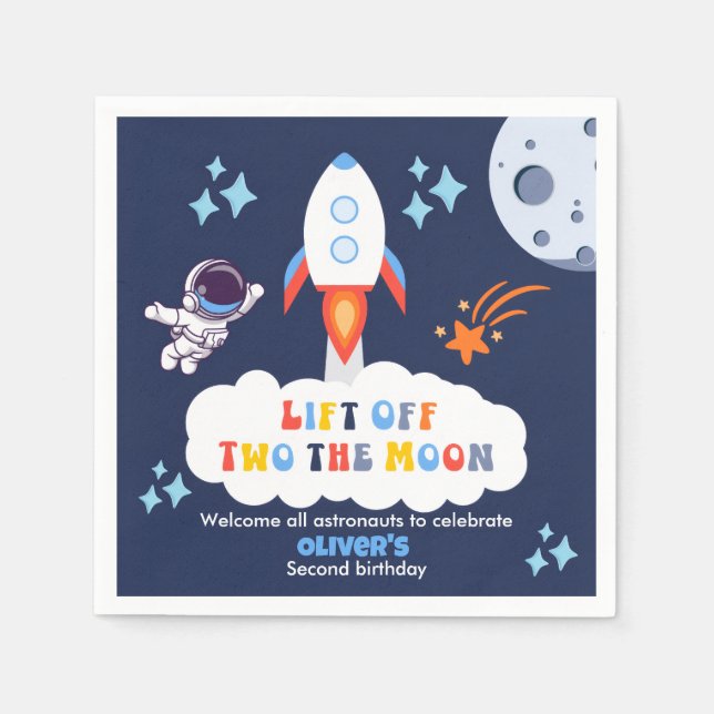 Two The Moon Boy Space Rocket Lift Off 2nd Bday Napkin (Front)