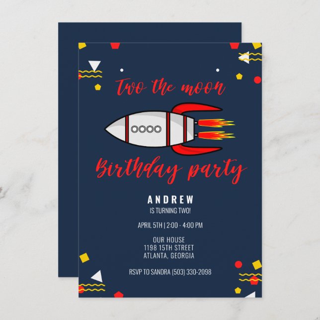 Two the Moon Boys Space 2nd Birthday Party Invitation (Front/Back)