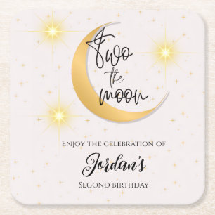Two The Moon Elegant Gender Neutral 2nd Birthday  Square Paper Coaster