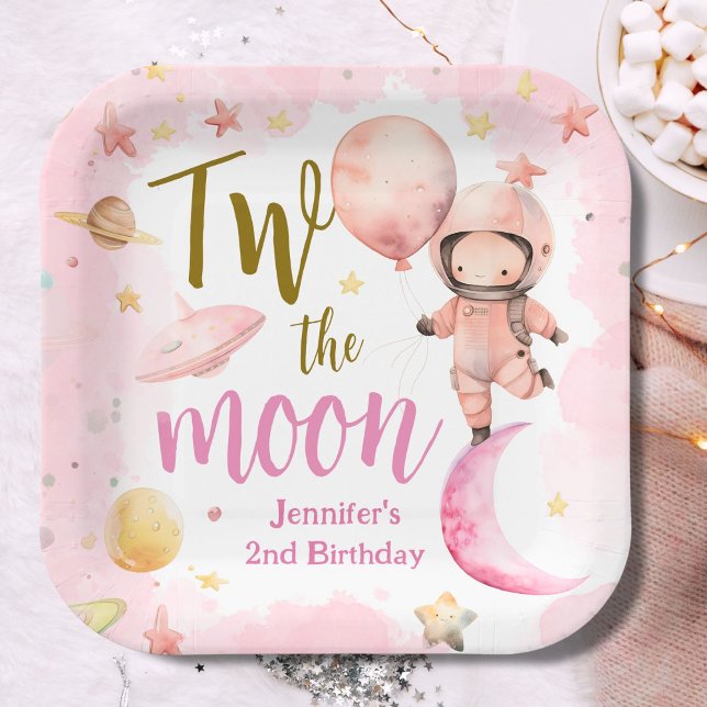 Two The Moon! Girl Astronaut Space 2nd Birthday Paper Plate (Creator Uploaded)