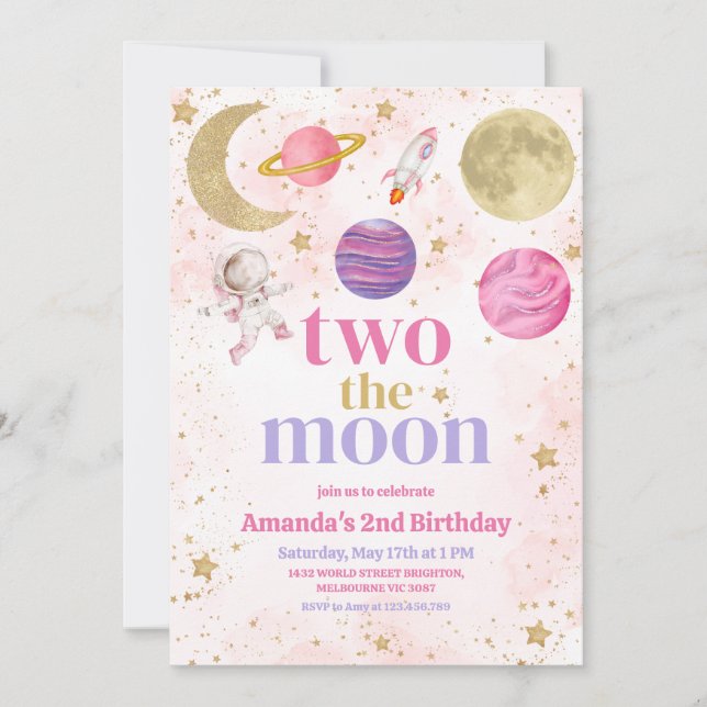 Two the Moon Girl Birthday Invitation (Front)