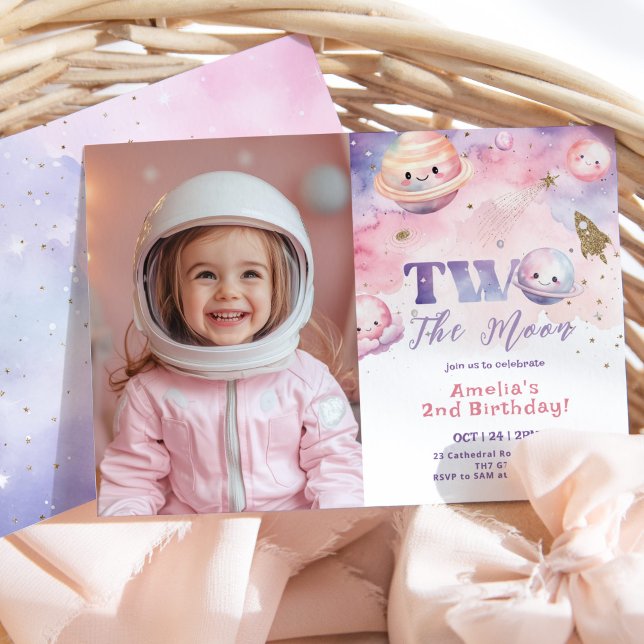 Two the moon girl birthday photo invitation (Creator Uploaded)