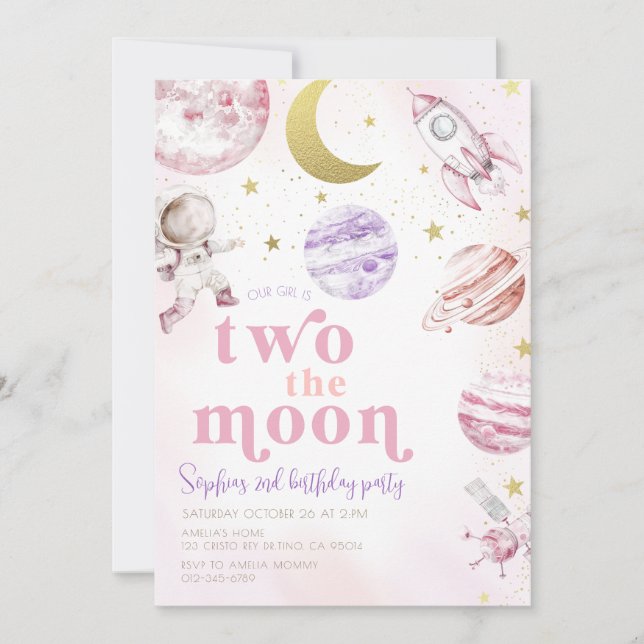 Two the Moon Girl's Birthday Girl Silver Invitation (Front)