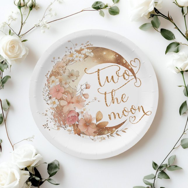 Two the moon gold floral girl 2nd birthday paper plate (Creator Uploaded)