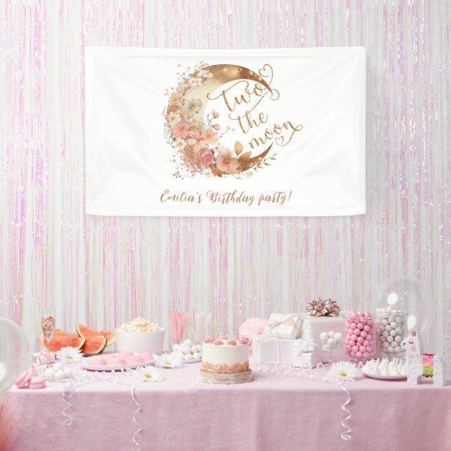 Two the moon gold floral girl birthday party banner (Party)