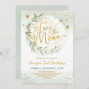 Two the Moon Greenery Gold Neutral 2nd Birthday Invitation